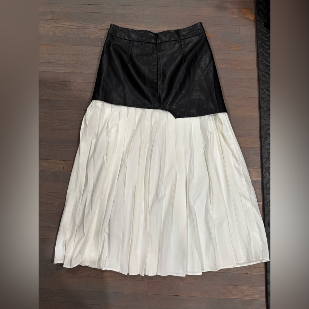 467. Commense Asymmetric Patchwork Faux Leather Chiffon Pleated Maxi Skirt M - Picture 5 of 10